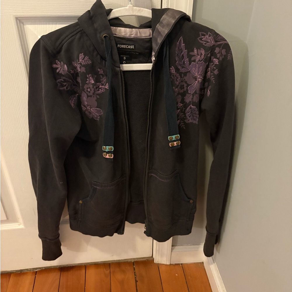 Forcast Black Jacket with Purple Floral Design